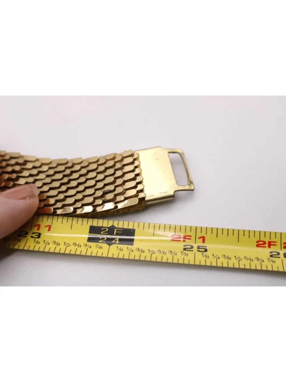 Vintage Gold Metal Fish Scale Elastic Stretch Belt Rectangle Buckle Clasp 1970s
